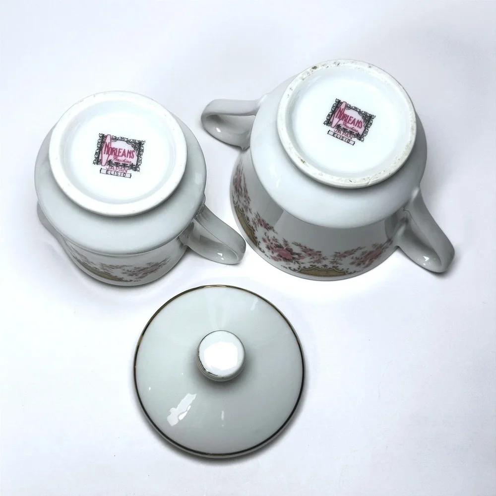 Vintage Norleans Fine China Japan Elisio Creamer & Sugar Bowl Set Pink Roses